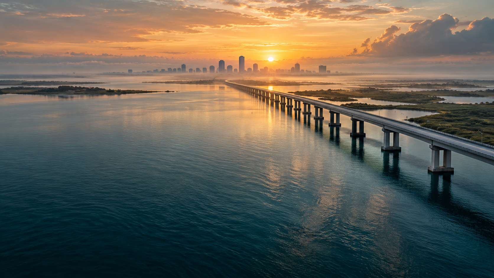 An imagined coastal landscape with a bridge leading toward a city at sunrise.